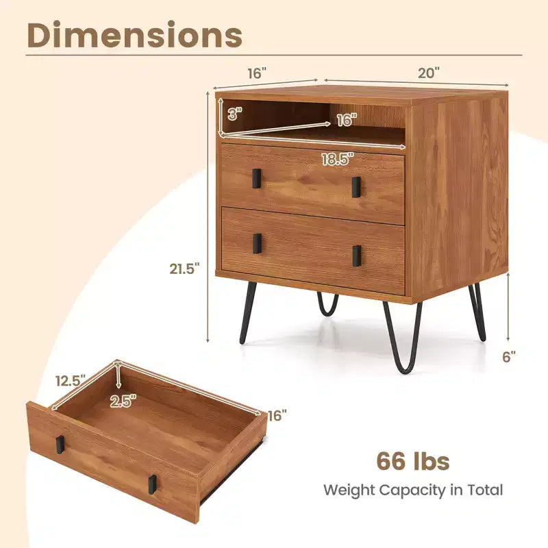 Table de chevet à deux tiroirs avec compartiments de rangement