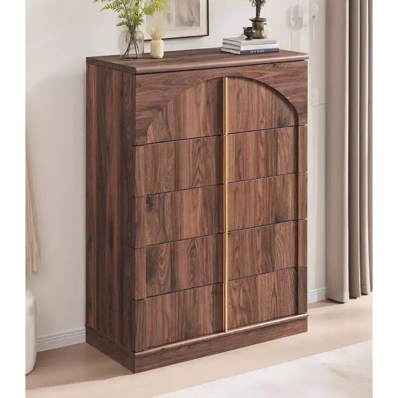 5 Drawer Dresser, 44 Tall Dressers &amp; Chests of Drawers Arched Panel Design, Wood Modern Vertical Dresser Natural Texture for Bedroom
