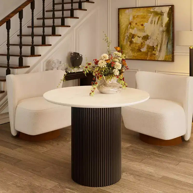 Modern Round Side Table - 35 Sintered Stone Top, Solid Rubberwood Base, 300lbs Capacity, 2-Person 45min Assembly with Tools