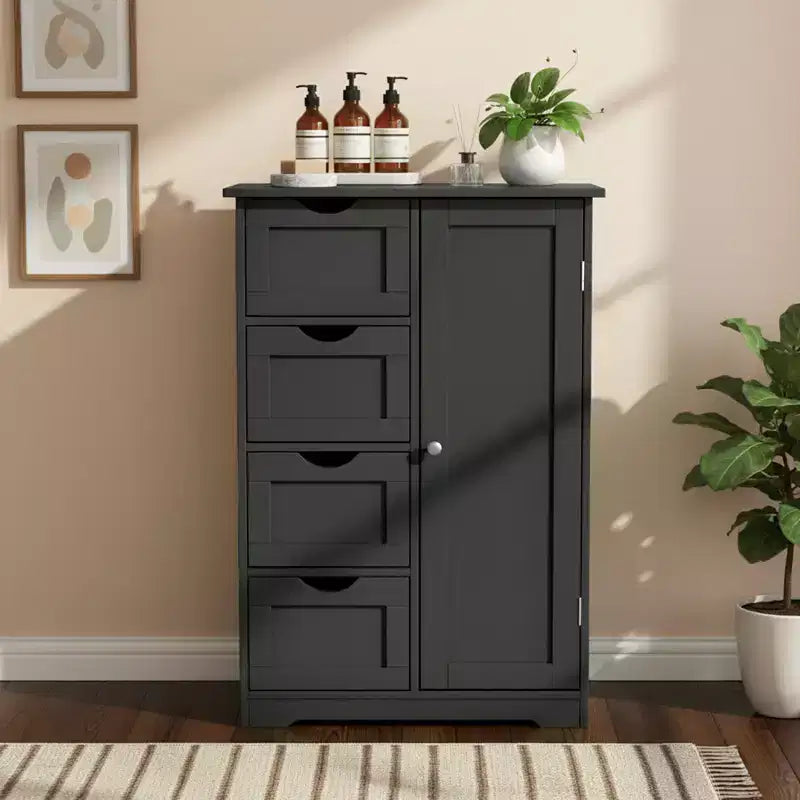 Black Bathroom Storage Cabinet with 4 Drawers and 1 Door