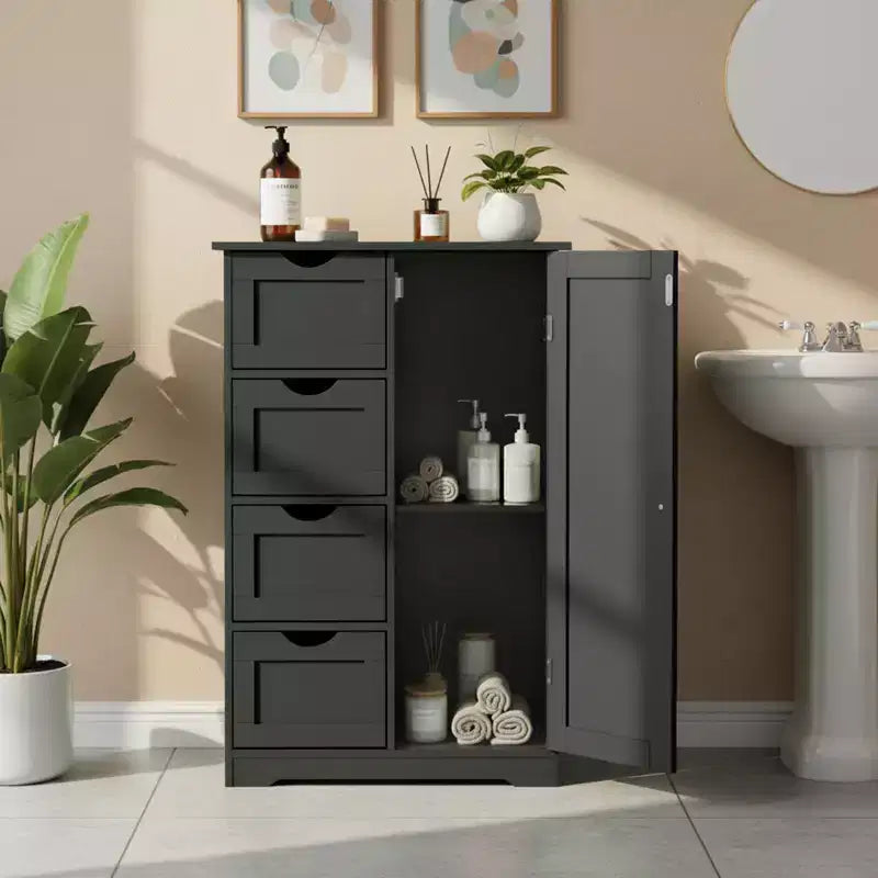 Meuble de rangement de salle de bain noir avec 4 tiroirs et 1 porte