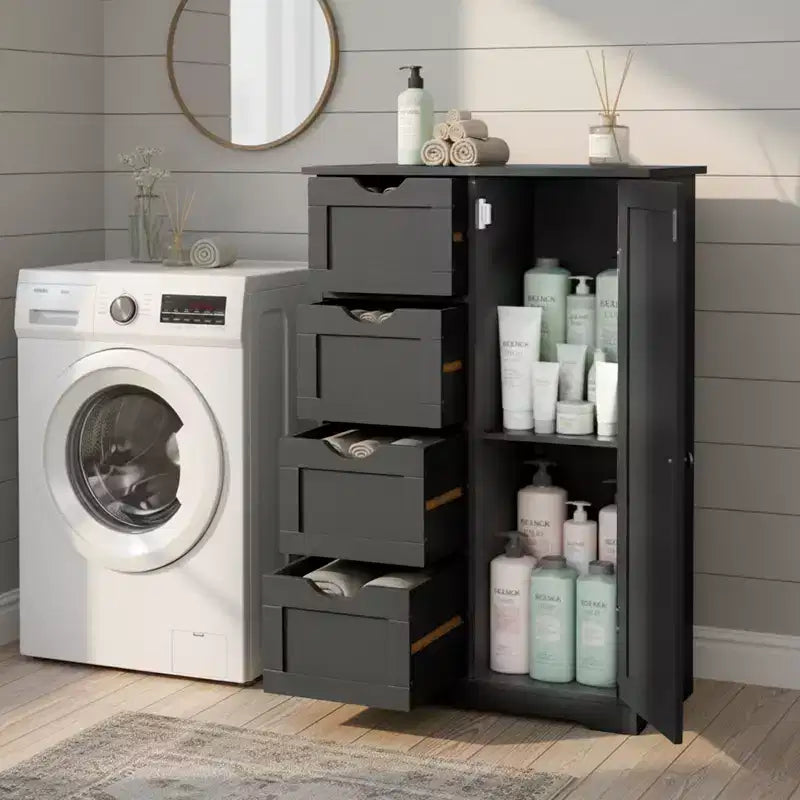 Meuble de rangement de salle de bain noir avec 4 tiroirs et 1 porte