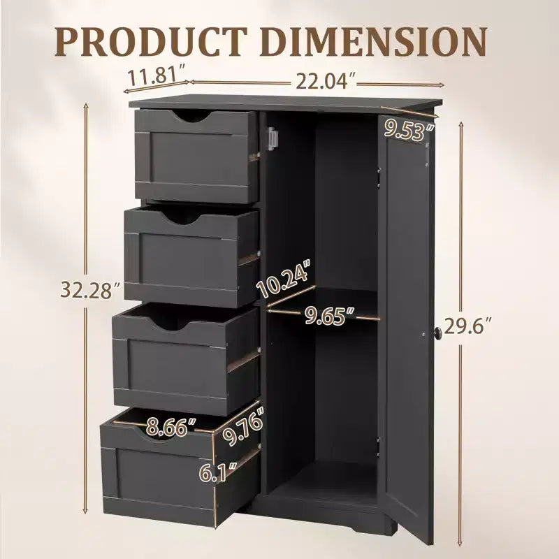 Meuble de rangement de salle de bain noir avec 4 tiroirs et 1 porte
