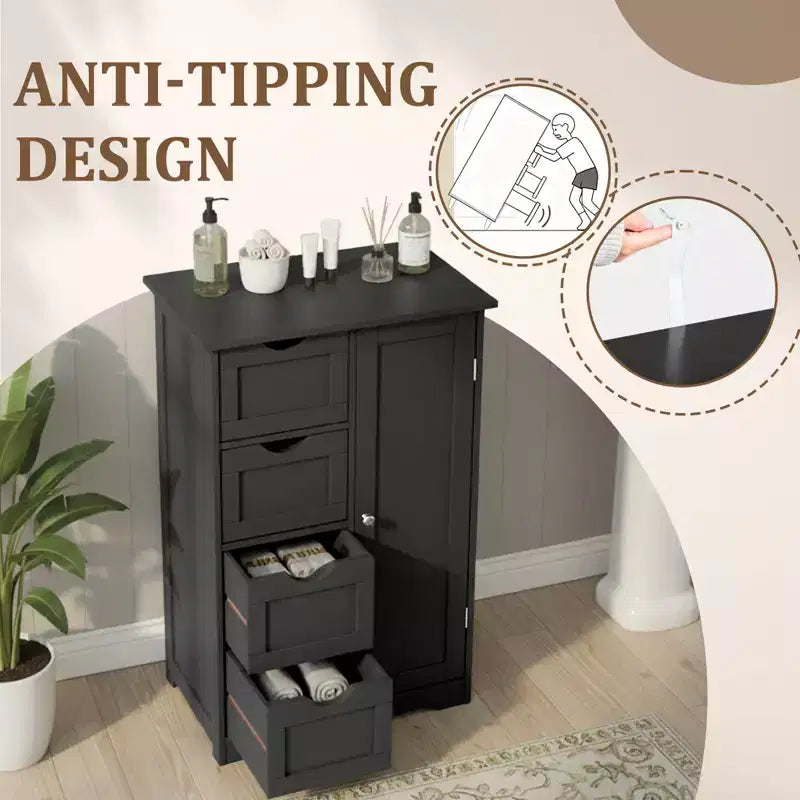 Meuble de rangement de salle de bain noir avec 4 tiroirs et 1 porte