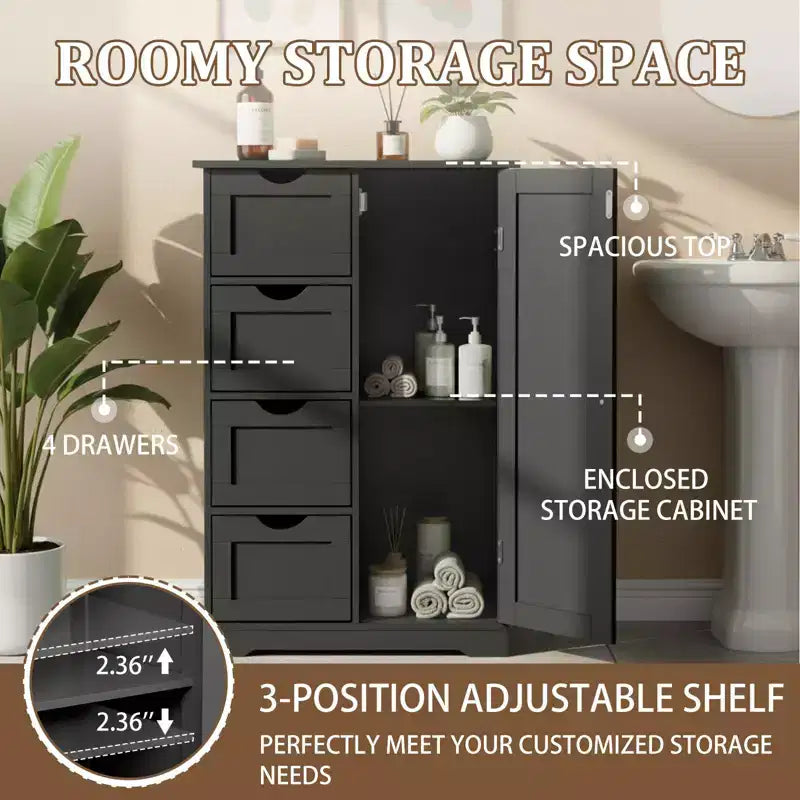 Meuble de rangement de salle de bain noir avec 4 tiroirs et 1 porte