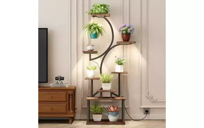 JVNOXK 62 Inch Tall Corner Plant Stand with Lights, for Indoor Plants, 8-Tier Flower Rack, S-Shaped Decorative Shelf for Living Room, Black