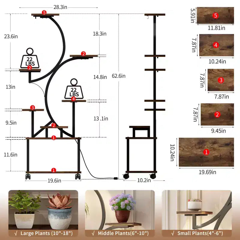 Support de plantes d'angle de 157 cm de haut avec lumières