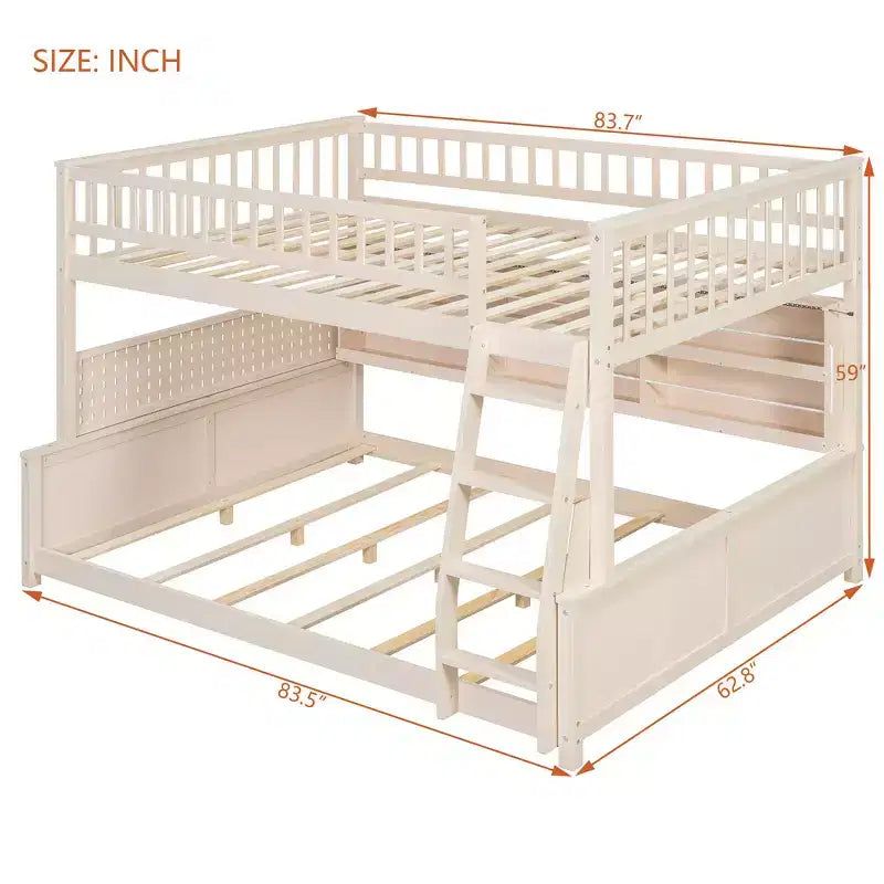 Lit superposé Full XL au-dessus d'un lit Queen avec étagères intégrées, lumières à couleur changeante et panneau perforé