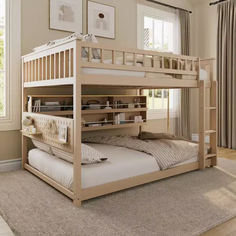 Whisen Full XL over Queen Bunk Bed with Integrated Shelving, Color-Changing Lights and Pegboard