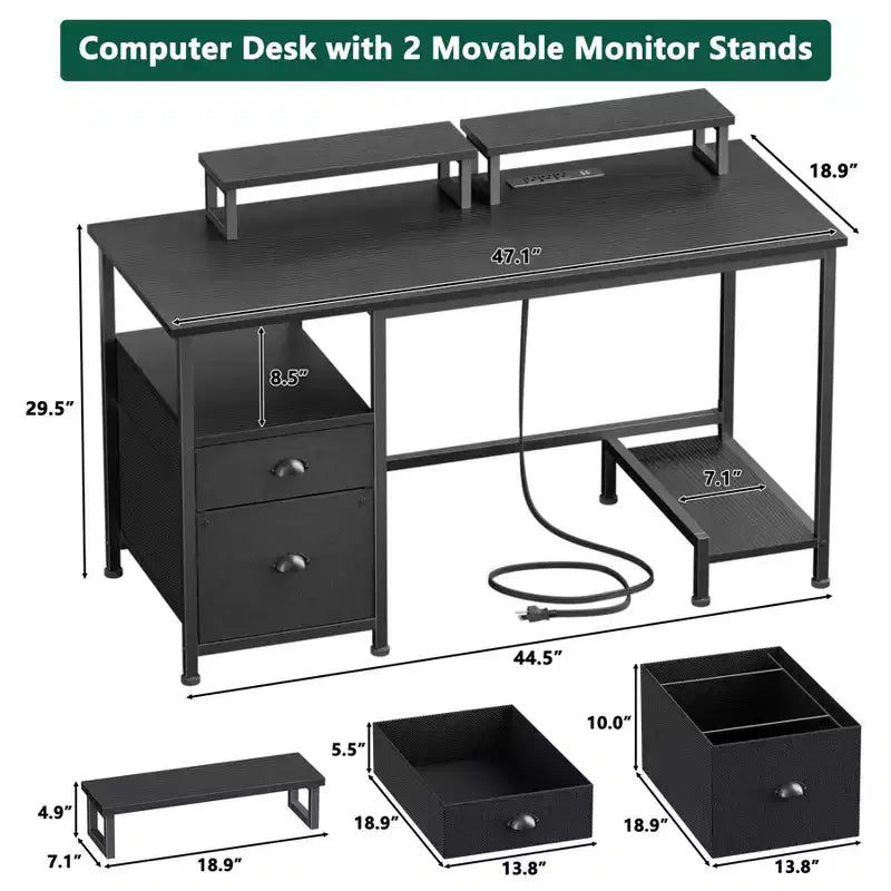 Bureau d'ordinateur noir de 47 pouces avec station de recharge