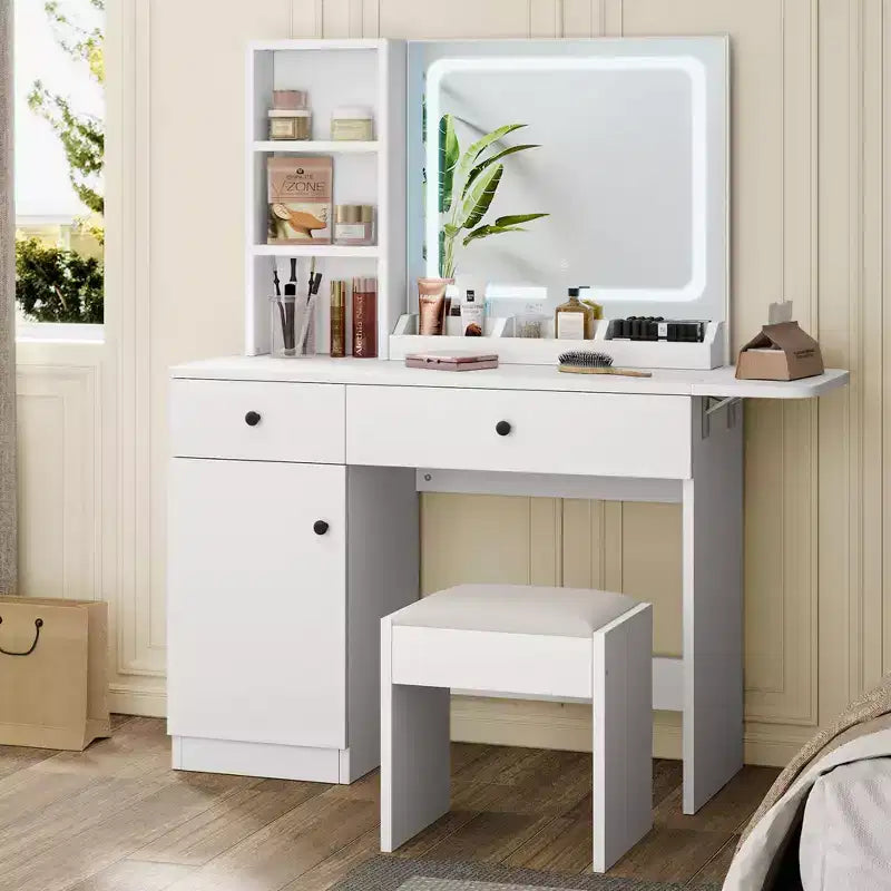 Makeup Vanity Desk with Mirror and Lights, Vanity Desk Set with Outlet &amp; Drawers &amp; Open Shelf &amp; Storage Cabinet, Vanity Table Set for Bedroom