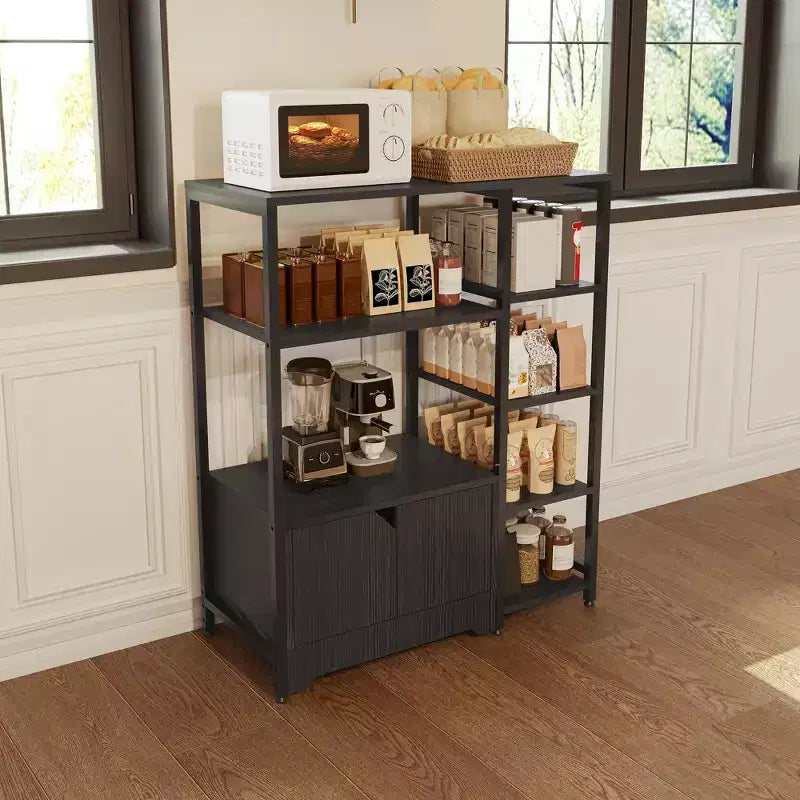 Mini Coffee Bar Cabinet - 32 Freestanding Corner Bookshelf &amp; Buffet Sideboard with Doors, Metal Frame Storage for Kitchen, Office