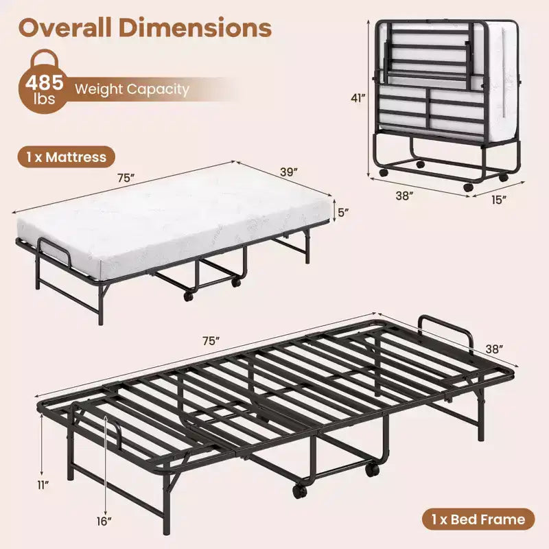 Lit pliant une place avec matelas de 12,7 cm, matelas en mousse à mémoire de forme et cadre à lattes métalliques