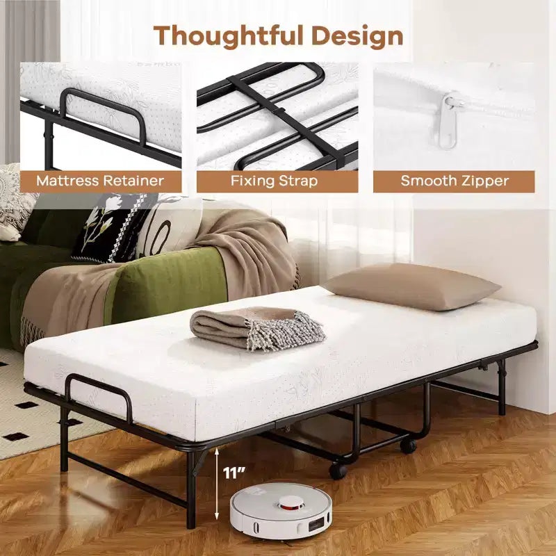 Lit pliant une place avec matelas de 12,7 cm, matelas en mousse à mémoire de forme et cadre à lattes métalliques