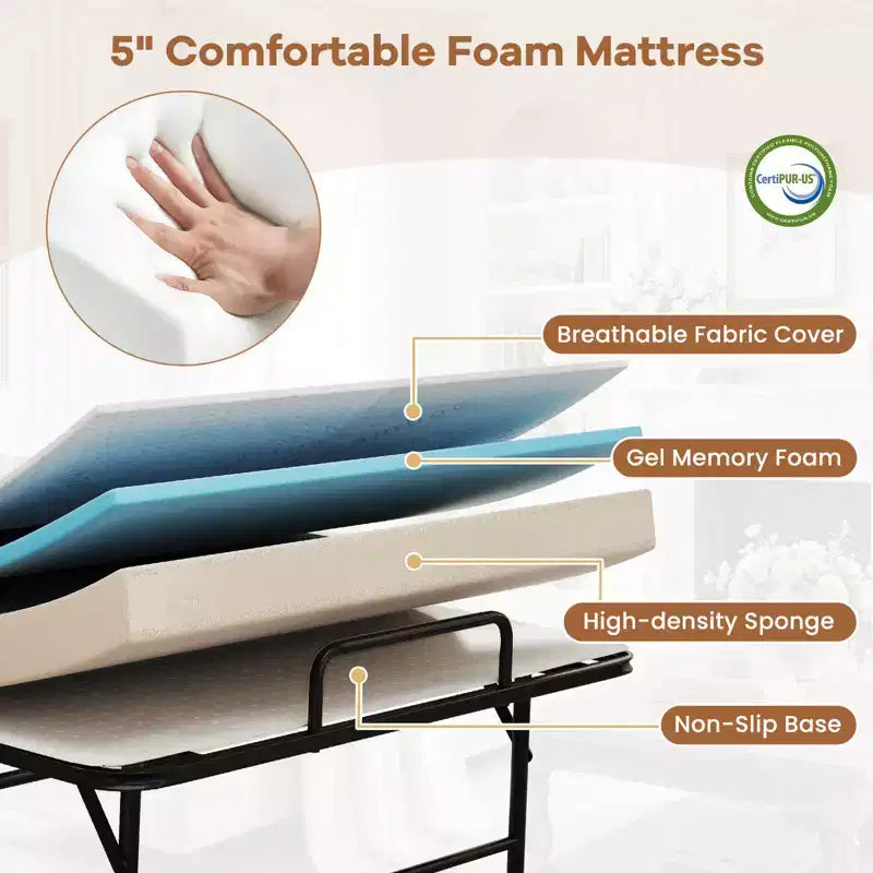 Lit pliant une place avec matelas de 12,7 cm, matelas en mousse à mémoire de forme et cadre à lattes métalliques