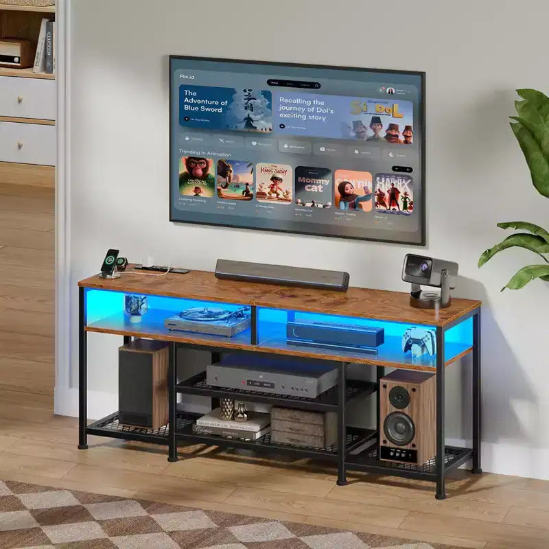 55 Inch Brown TV Stand with Charging Station LED Lights Entertainment Center for TVs up to 60 Inch Media Console Storage Shelves Living Room Bedroom