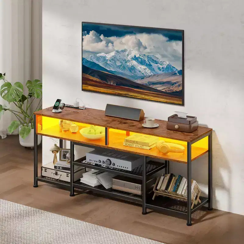 Meuble TV marron de 55 pouces avec station de charge et lumières LED