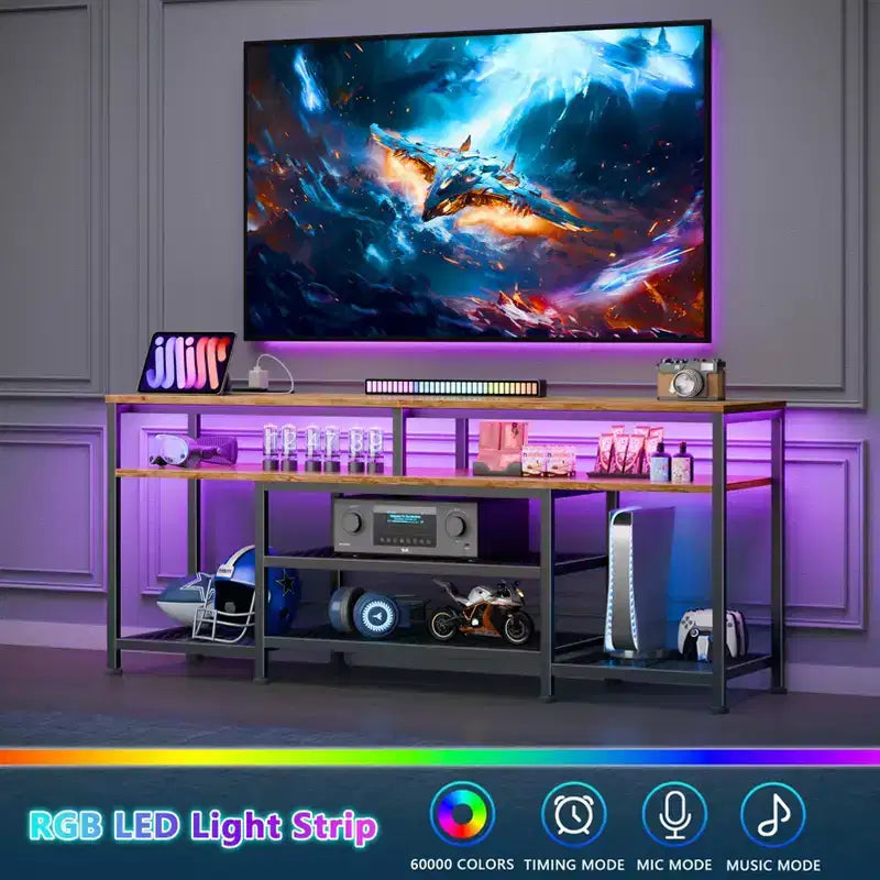 Meuble TV marron de 55 pouces avec station de charge et lumières LED