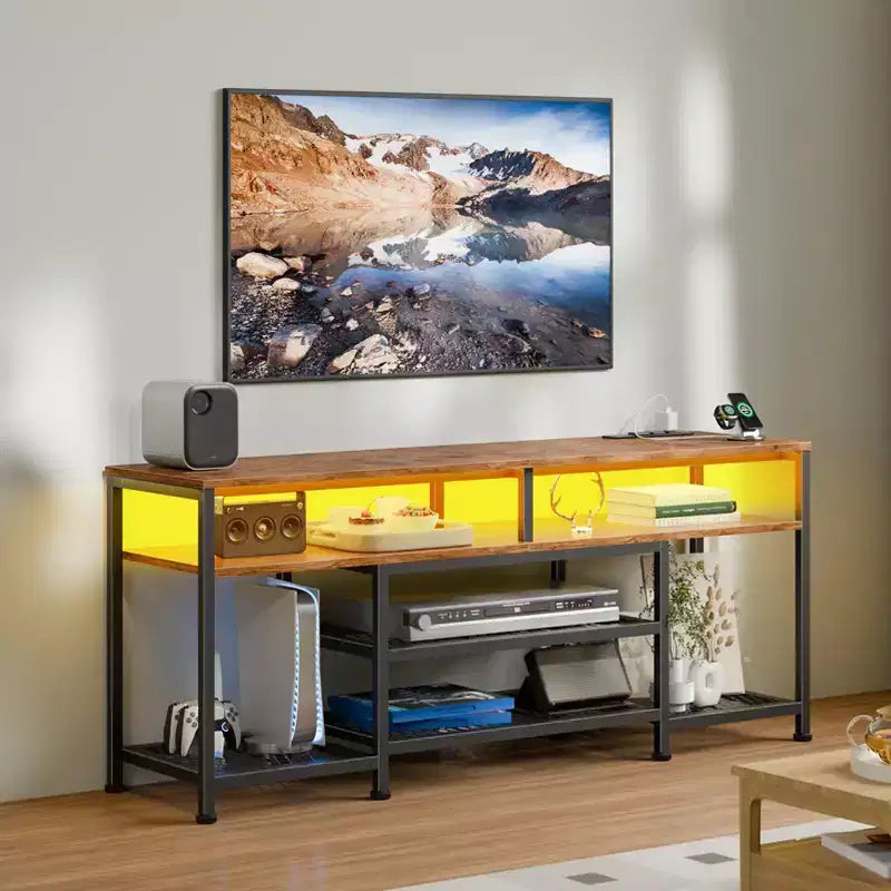 Meuble TV marron de 55 pouces avec station de charge et lumières LED