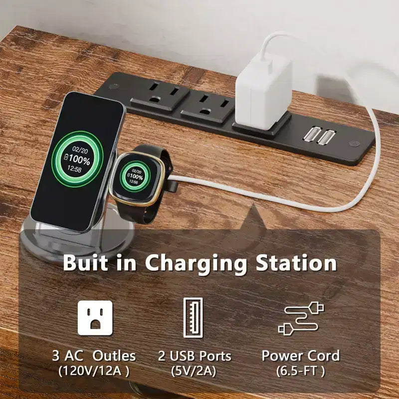 Meuble TV marron de 55 pouces avec station de charge et lumières LED