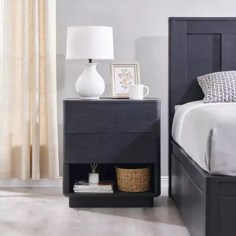 22 Modern Nightstand with Curved Front, Wooden Nightstand with Charging Station and Push-to-Open Drawers, Bedside End Table with Storage