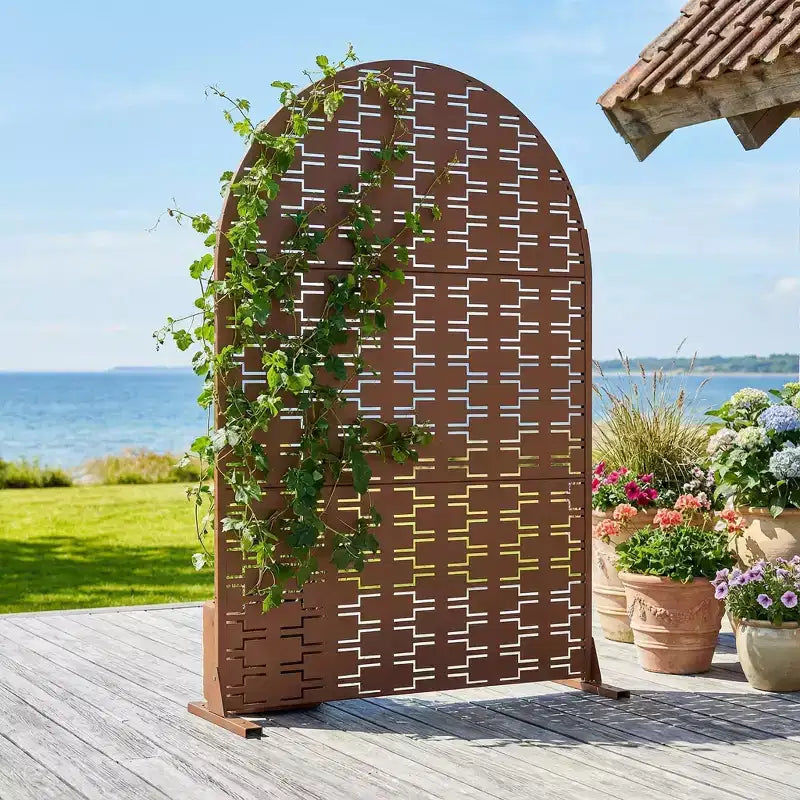Paravent de confidentialité autoportant en métal cintré de 72H x 47L po, couleur gris clair/brun, pour jardin, patio, terrasse, cour