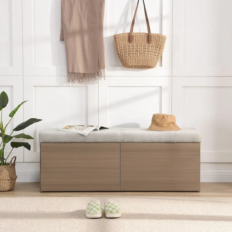 49 Entryway Shoe Storage Bench with Double Doors & Padded Cushion,Space-Saving Ottoman