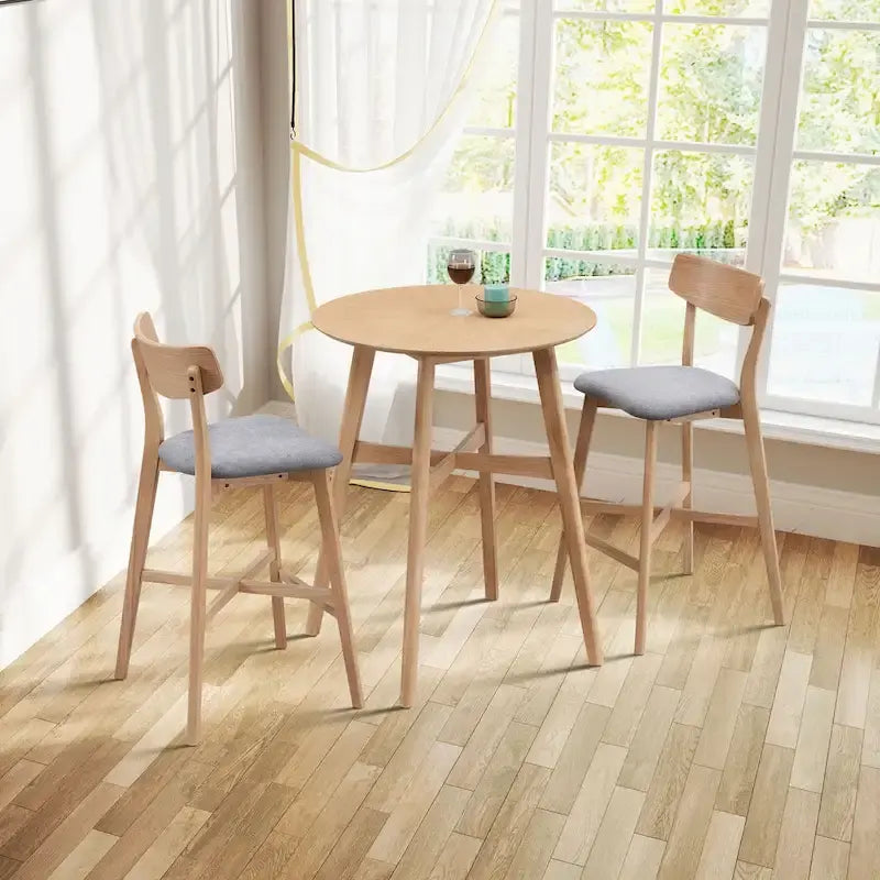 Modern 3-Piece Dining Set with Round Wood Table and 2 Solid Wood Upholstered Bar Stools for Dining Room Bar and Living Room