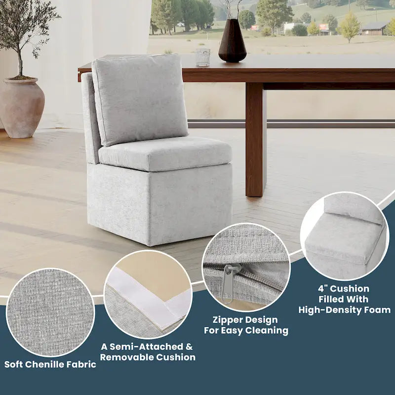 Stansberry Chenille Upholstered Armless Dining Chair with Under Seat Storage and Caster Wheels (Set of 2)