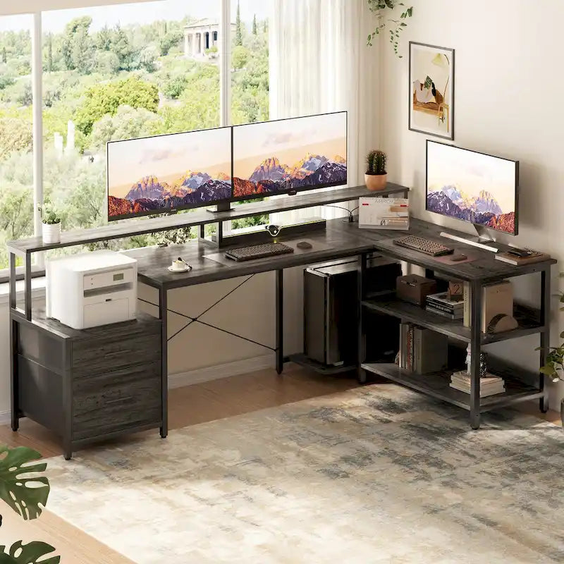 Reversible L Shaped Computer Desk with File Drawer  Long Monitor Stand  Charging Station & RGB LED Strips