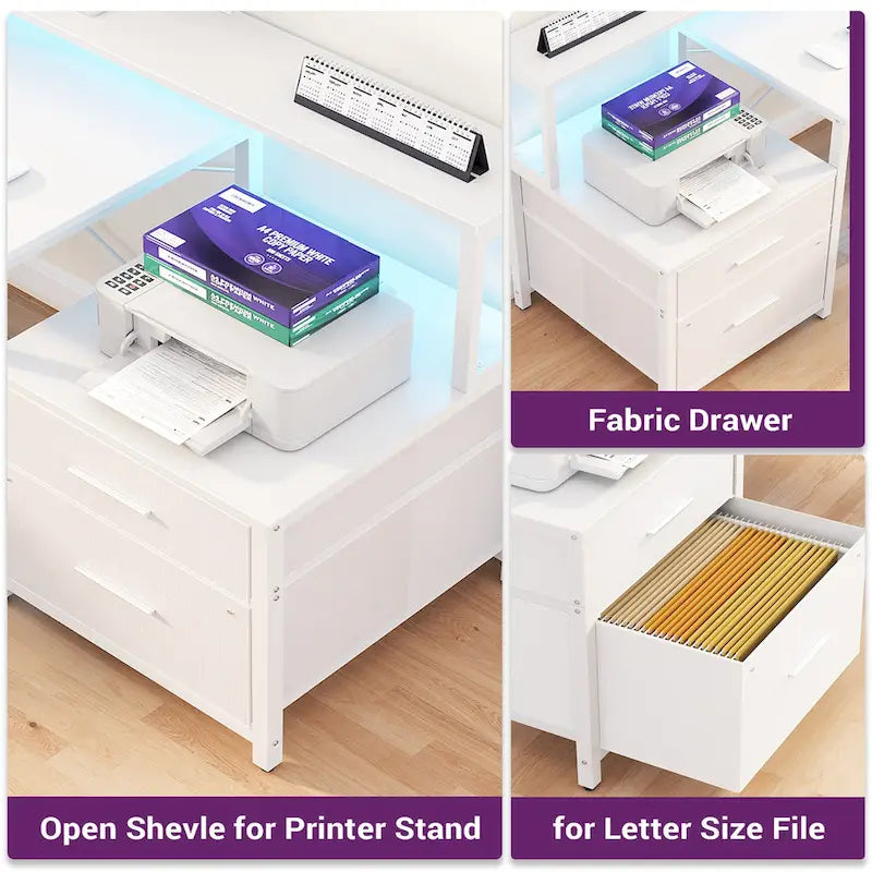 Reversible L Shaped Computer Desk with File Drawer  Long Monitor Stand  Charging Station & RGB LED Strips