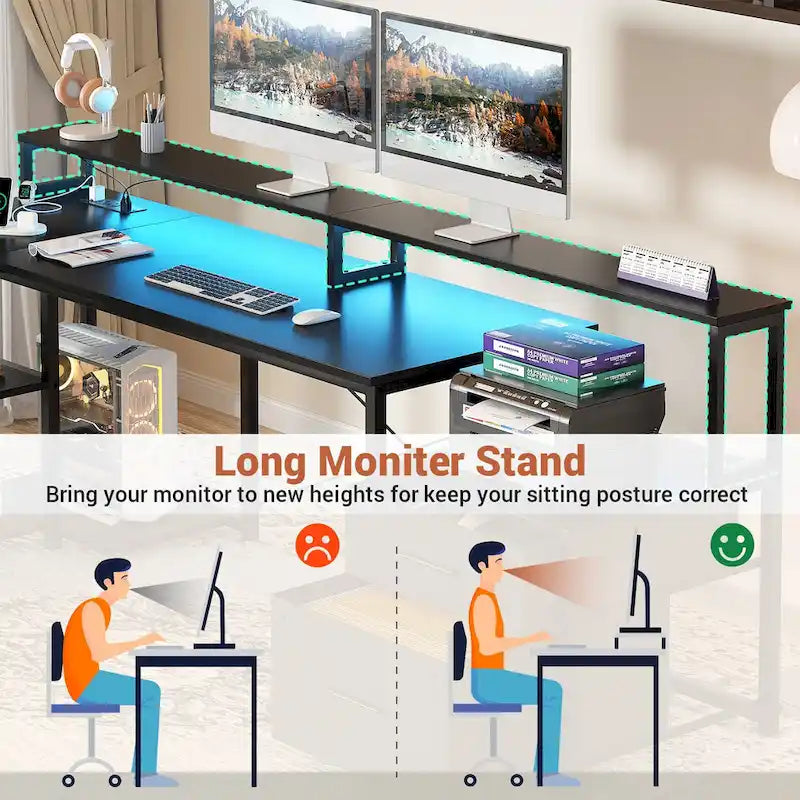 Reversible L Shaped Computer Desk with File Drawer  Long Monitor Stand  Charging Station & RGB LED Strips