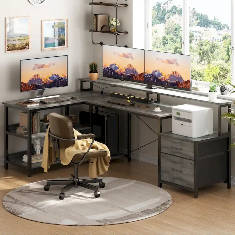 Reversible L Shaped Computer Desk with File Drawer  Long Monitor Stand  Charging Station & RGB LED Strips