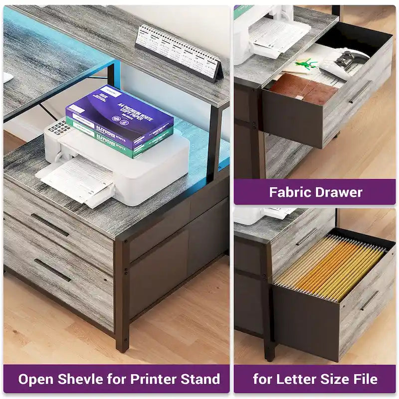 Reversible L Shaped Computer Desk with File Drawer  Long Monitor Stand  Charging Station & RGB LED Strips