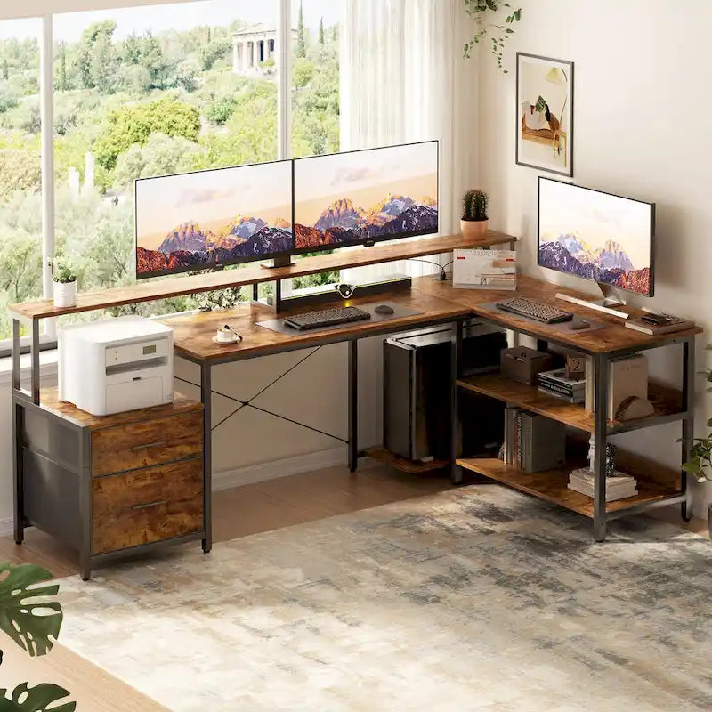 Reversible L Shaped Computer Desk with File Drawer  Long Monitor Stand  Charging Station & RGB LED Strips