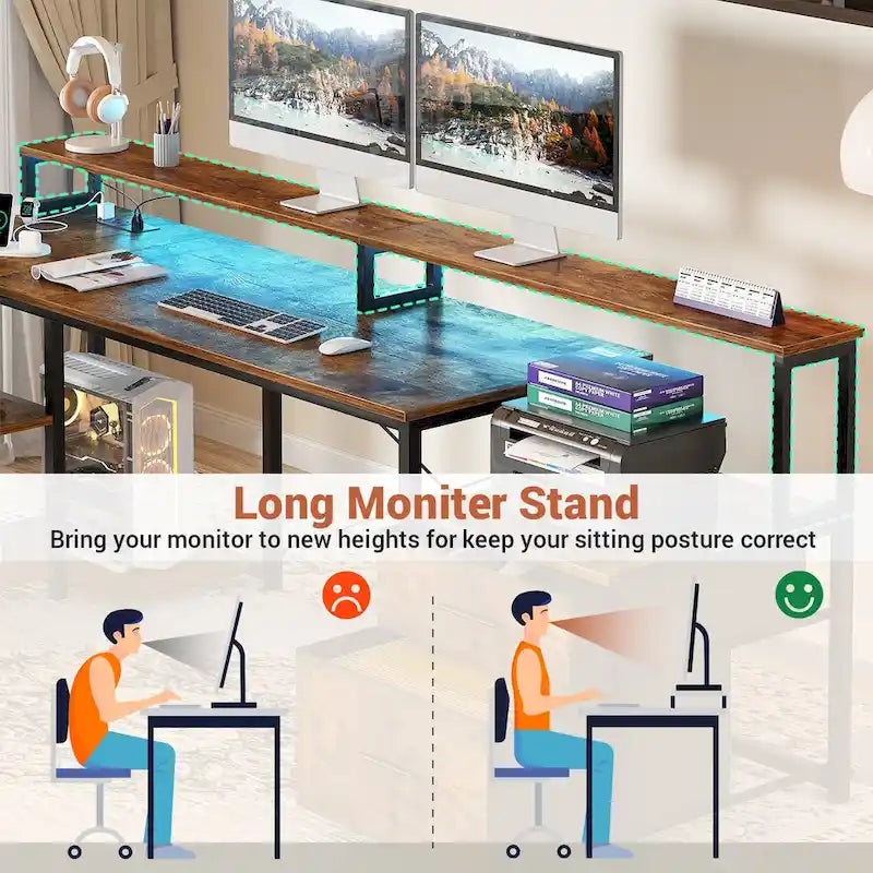Reversible L Shaped Computer Desk with File Drawer  Long Monitor Stand  Charging Station & RGB LED Strips