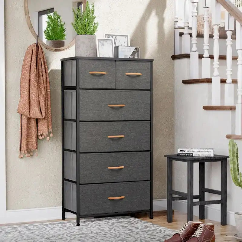 23 Brown Steel and Fabric Six Drawer Combo Dresser