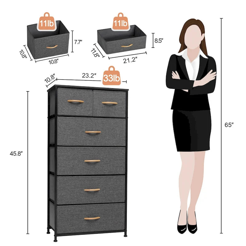 23 Brown Steel and Fabric Six Drawer Combo Dresser