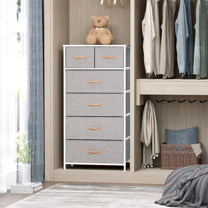 23 Brown Steel and Fabric Six Drawer Combo Dresser