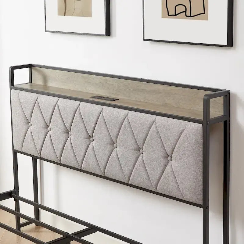 Grey & Queen Bed with Charging Station