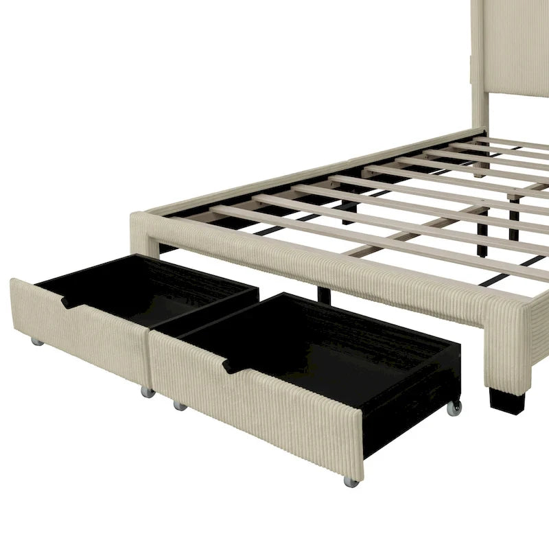 Beige Queen Platform Bed in Corduroy Velvet Upholstered Finish with Wingback Headboard and Footboard Storage