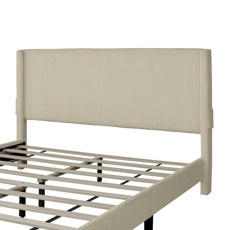 Beige Queen Platform Bed in Corduroy Velvet Upholstered Finish with Wingback Headboard and Footboard Storage