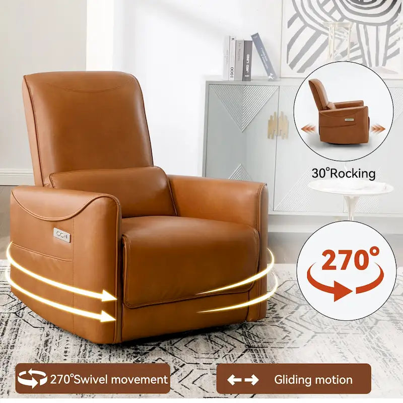 Brown Ergonomic Power Recliner with 270 Swivel, USB & Type-C Charging Ports, and Lumbar Support
