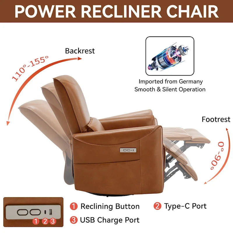 Brown Ergonomic Power Recliner with 270 Swivel, USB & Type-C Charging Ports, and Lumbar Support