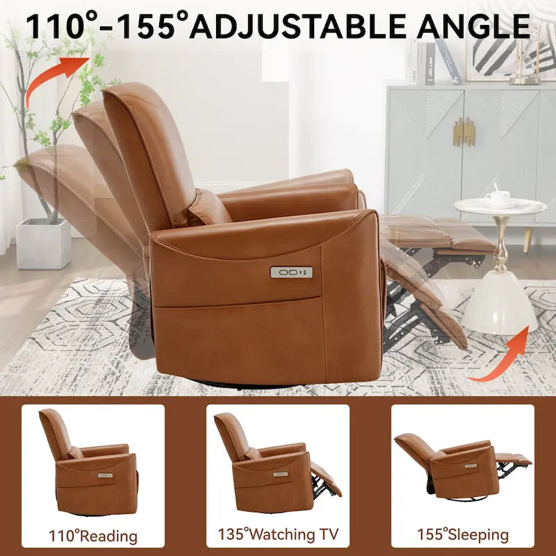 Brown Ergonomic Power Recliner with 270 Swivel, USB & Type-C Charging Ports, and Lumbar Support