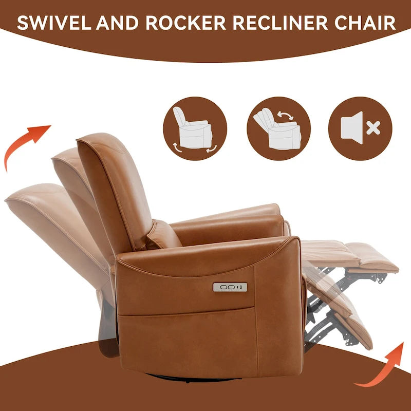 Brown Ergonomic Power Recliner with 270 Swivel, USB & Type-C Charging Ports, and Lumbar Support