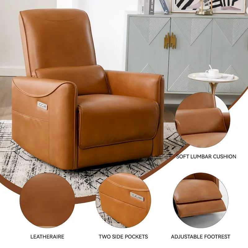 Brown Ergonomic Power Recliner with 270 Swivel, USB & Type-C Charging Ports, and Lumbar Support