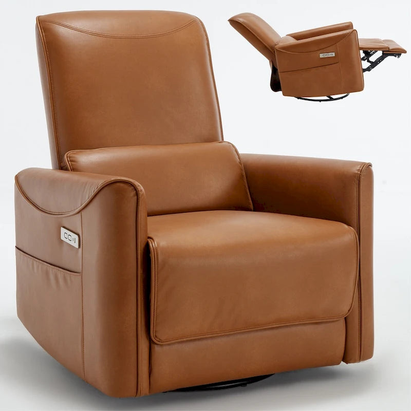 Brown Ergonomic Power Recliner with 270 Swivel, USB & Type-C Charging Ports, and Lumbar Support