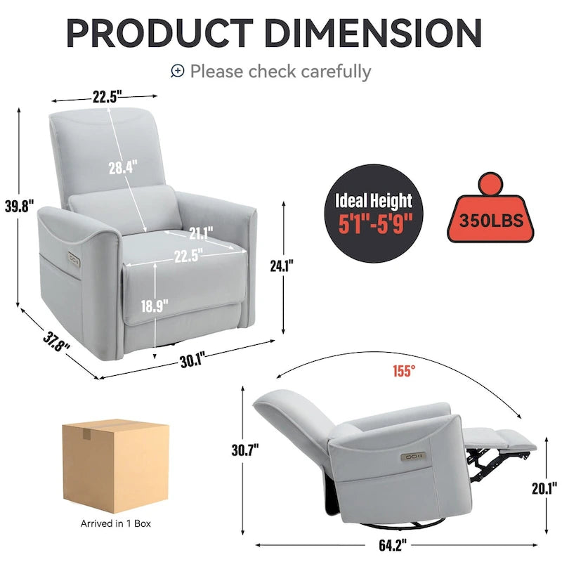 Brown Ergonomic Power Recliner with 270 Swivel, USB & Type-C Charging Ports, and Lumbar Support