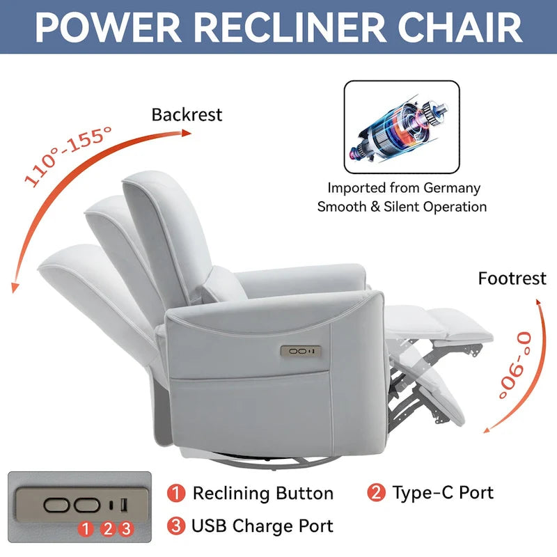 Brown Ergonomic Power Recliner with 270 Swivel, USB & Type-C Charging Ports, and Lumbar Support